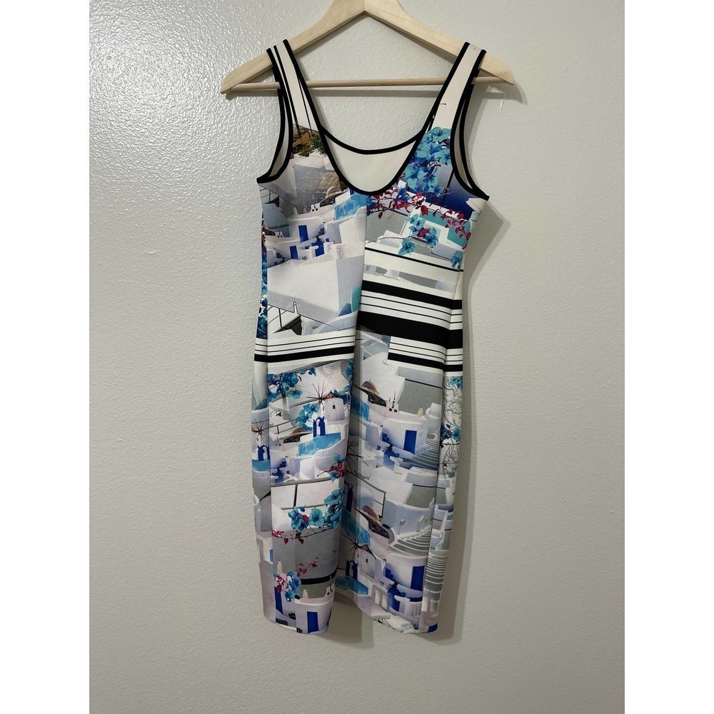 lover Canyon Santorini Stripe Neoprene Dress Medium Floral Greece Print - Picture 2 of 10